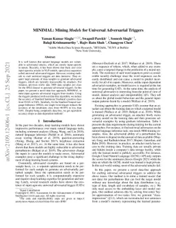 MINIMAL: Mining Models for Data Free Universal Adversarial Triggers