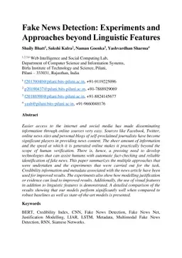 Fake News Detection: Experiments and Approaches beyond Linguistic
  Features