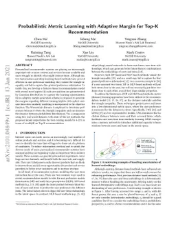 Probabilistic Metric Learning with Adaptive Margin for Top-K
  Recommendation