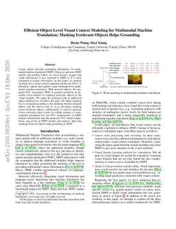 Efficient Object-Level Visual Context Modeling for Multimodal Machine
  Translation: Masking Irrelevant Objects Helps Grounding