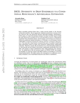DICE: Diversity in Deep Ensembles via Conditional Redundancy Adversarial
  Estimation