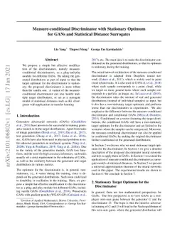Measure-conditional Discriminator with Stationary Optimum for GANs and
  Statistical Distance Surrogates