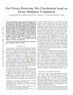 Fast Privacy-Preserving Text Classification based on Secure Multiparty
  Computation