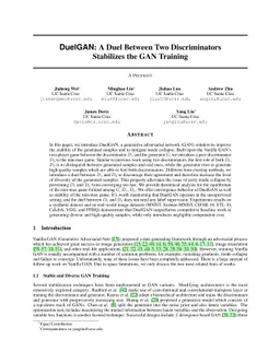 DuelGAN: A Duel Between Two Discriminators Stabilizes the GAN Training
