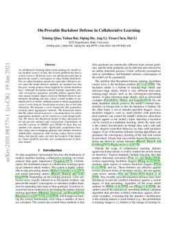 On Provable Backdoor Defense in Collaborative Learning
