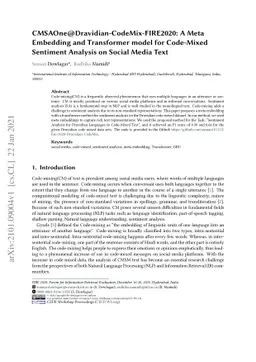 CMSAOne@Dravidian-CodeMix-FIRE2020: A Meta Embedding and Transformer
  model for Code-Mixed Sentiment Analysis on Social Media Text