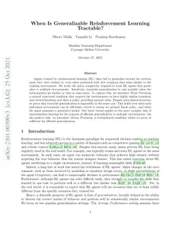 When Is Generalizable Reinforcement Learning Tractable?