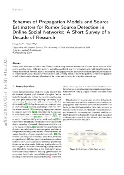 Schemes of Propagation Models and Source Estimators for Rumor Source
  Detection in Online Social Networks: A Short Survey of a Decade of Research