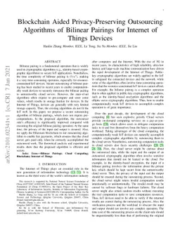 Blockchain Aided Privacy-Preserving Outsourcing Algorithms of Bilinear
  Pairings for Internet of Things Devices
