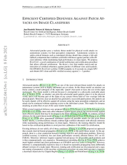 Efficient Certified Defenses Against Patch Attacks on Image Classifiers