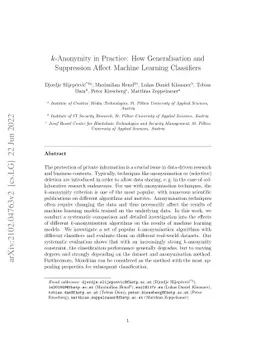 $k$-Anonymity in Practice: How Generalisation and Suppression Affect
  Machine Learning Classifiers