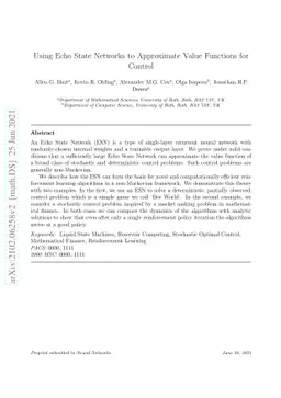 Using Echo State Networks to Approximate Value Functions for Control