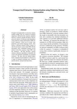 Unsupervised Extractive Summarization using Pointwise Mutual Information