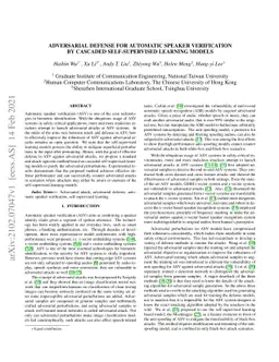 Adversarial defense for automatic speaker verification by cascaded
  self-supervised learning models