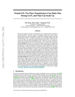TransGAN: Two Pure Transformers Can Make One Strong GAN, and That Can
  Scale Up