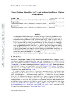 Almost Optimal Algorithms for Two-player Zero-Sum Linear Mixture Markov
  Games