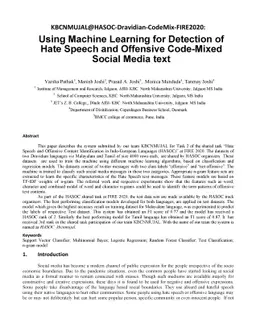 KBCNMUJAL@HASOC-Dravidian-CodeMix-FIRE2020: Using Machine Learning for
  Detection of Hate Speech and Offensive Code-Mixed Social Media text