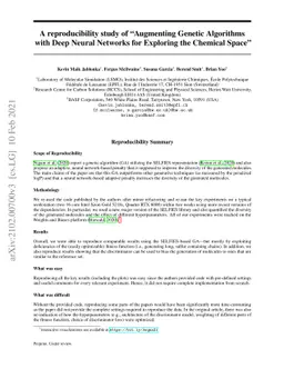 A reproducibility study of "Augmenting Genetic Algorithms with Deep
  Neural Networks for Exploring the Chemical Space"