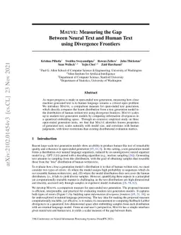 MAUVE: Measuring the Gap Between Neural Text and Human Text using
  Divergence Frontiers