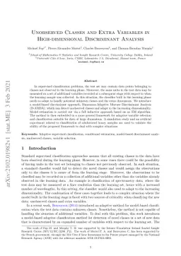 Unobserved classes and extra variables in high-dimensional discriminant
  analysis