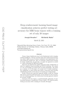 Deep reinforcement learning-based image classification achieves perfect
  testing set accuracy for MRI brain tumors with a training set of only 30
  images