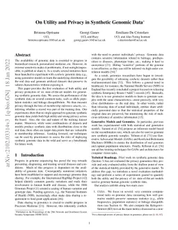On Utility and Privacy in Synthetic Genomic Data