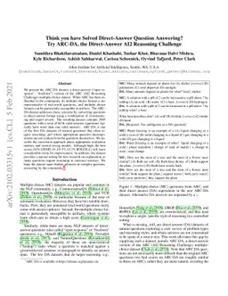 Think you have Solved Direct-Answer Question Answering? Try ARC-DA, the
  Direct-Answer AI2 Reasoning Challenge
