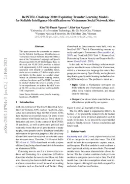 ReINTEL Challenge 2020: Exploiting Transfer Learning Models for Reliable
  Intelligence Identification on Vietnamese Social Network Sites
