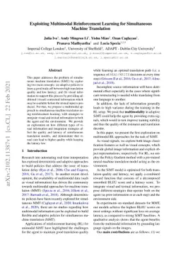 Exploiting Multimodal Reinforcement Learning for Simultaneous Machine
  Translation