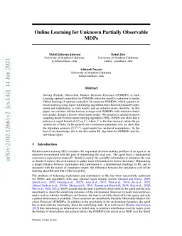 Online Learning for Unknown Partially Observable MDPs