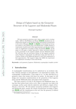 Design of Ciphers based on the Geometric Structure of the Laguerre and
  Minkowski Planes