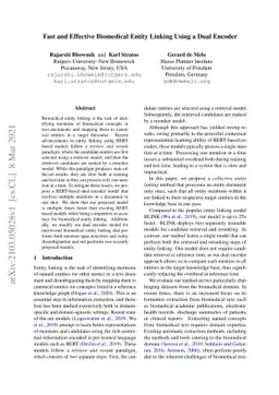 Fast and Effective Biomedical Entity Linking Using a Dual Encoder