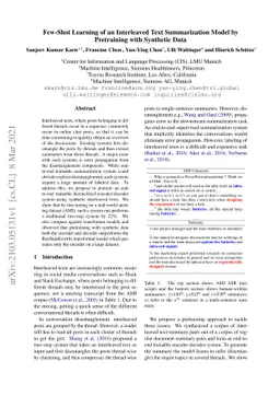 Few-Shot Learning of an Interleaved Text Summarization Model by
  Pretraining with Synthetic Data