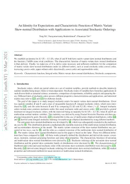 An Identity for Expectations and Characteristic Function of Matrix
  Variate Skew-normalDistribution with Applications to Associated Stochastic
  Orderings
