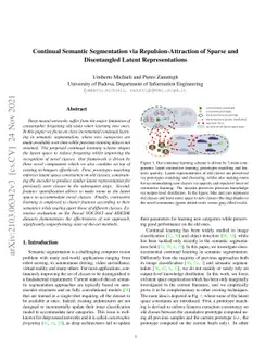 Continual Semantic Segmentation via Repulsion-Attraction of Sparse and
  Disentangled Latent Representations
