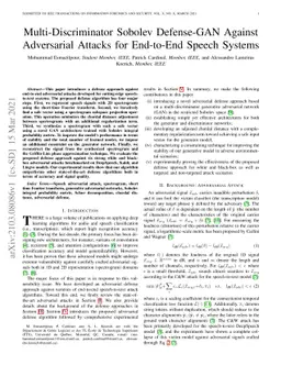Multi-Discriminator Sobolev Defense-GAN Against Adversarial Attacks for
  End-to-End Speech Systems