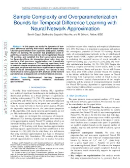 Sample Complexity and Overparameterization Bounds for Temporal
  Difference Learning with Neural Network Approximation