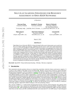 Self-play Learning Strategies for Resource Assignment in Open-RAN
  Networks
