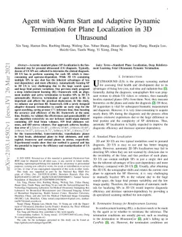 Agent with Warm Start and Adaptive Dynamic Termination for Plane
  Localization in 3D Ultrasound