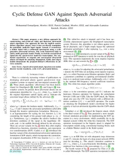 Cyclic Defense GAN Against Speech Adversarial Attacks