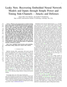 Leaky Nets: Recovering Embedded Neural Network Models and Inputs through
  Simple Power and Timing Side-Channels -- Attacks and Defenses