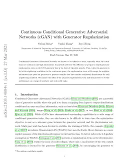 Continuous Conditional Generative Adversarial Networks (cGAN) with
  Generator Regularization