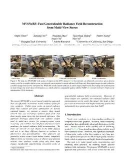 MVSNeRF: Fast Generalizable Radiance Field Reconstruction from
  Multi-View Stereo