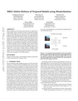 MISA: Online Defense of Trojaned Models using Misattributions