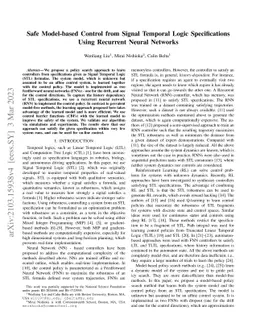 Safe Model-based Control from Signal Temporal Logic Specifications Using
  Recurrent Neural Networks