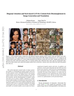 Diagonal Attention and Style-based GAN for Content-Style Disentanglement
  in Image Generation and Translation