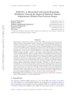 HAD-Net: A Hierarchical Adversarial Knowledge Distillation Network for
  Improved Enhanced Tumour Segmentation Without Post-Contrast Images