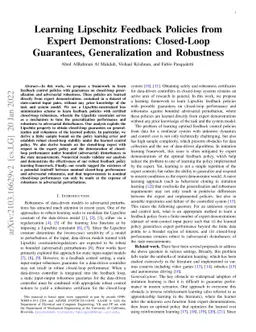Learning Lipschitz Feedback Policies from Expert Demonstrations:
  Closed-Loop Guarantees, Generalization and Robustness