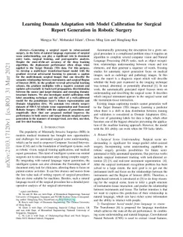 Learning Domain Adaptation with Model Calibration for Surgical Report
  Generation in Robotic Surgery