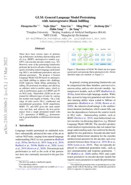 GLM: General Language Model Pretraining with Autoregressive Blank
  Infilling